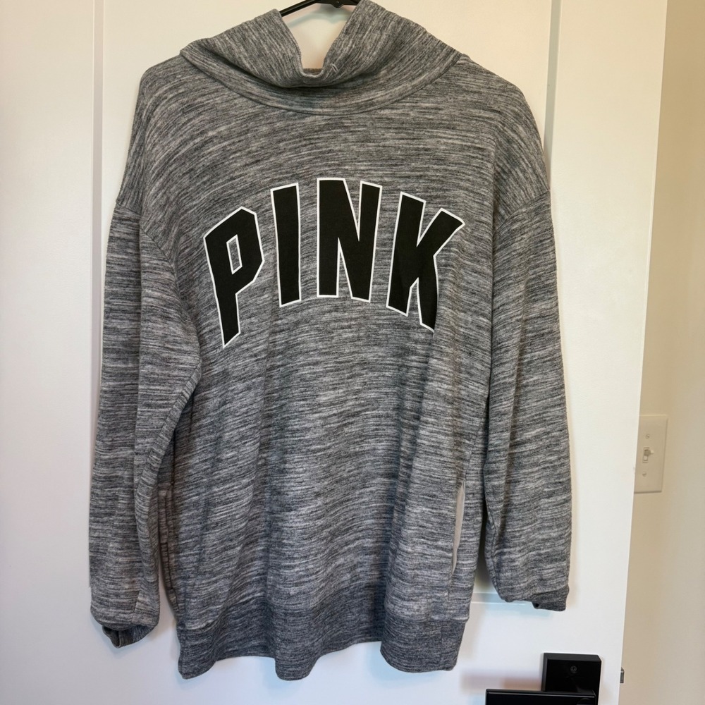 PINK Victorias Secret Grey Space Dye Cowl Neck Logo Pullover Sweatshirt Small